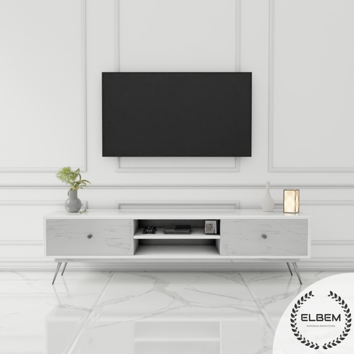 Szafka RTV GLAMOUR - NOBLE LUXE IV - Białe szkło - obrazek 3