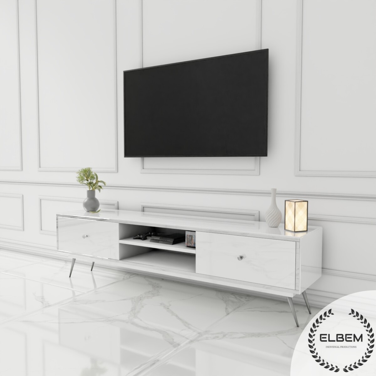 Szafka RTV GLAMOUR - NOBLE LUXE VI - Białe szkło - obrazek 5