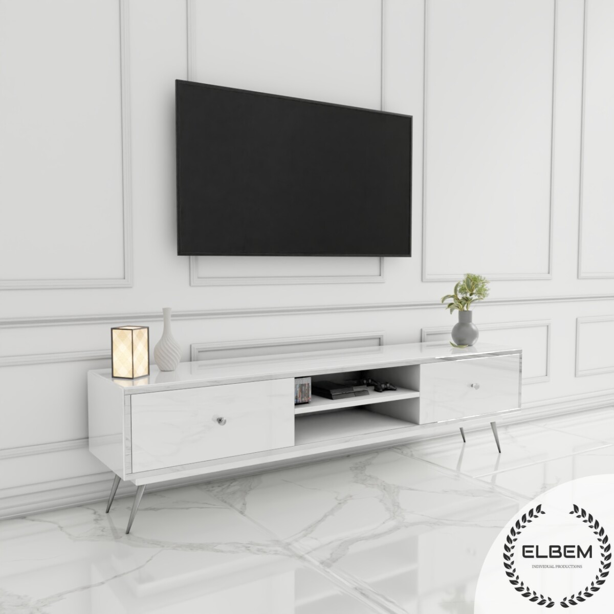 Szafka RTV GLAMOUR - NOBLE LUXE VI - Białe szkło - obrazek 4