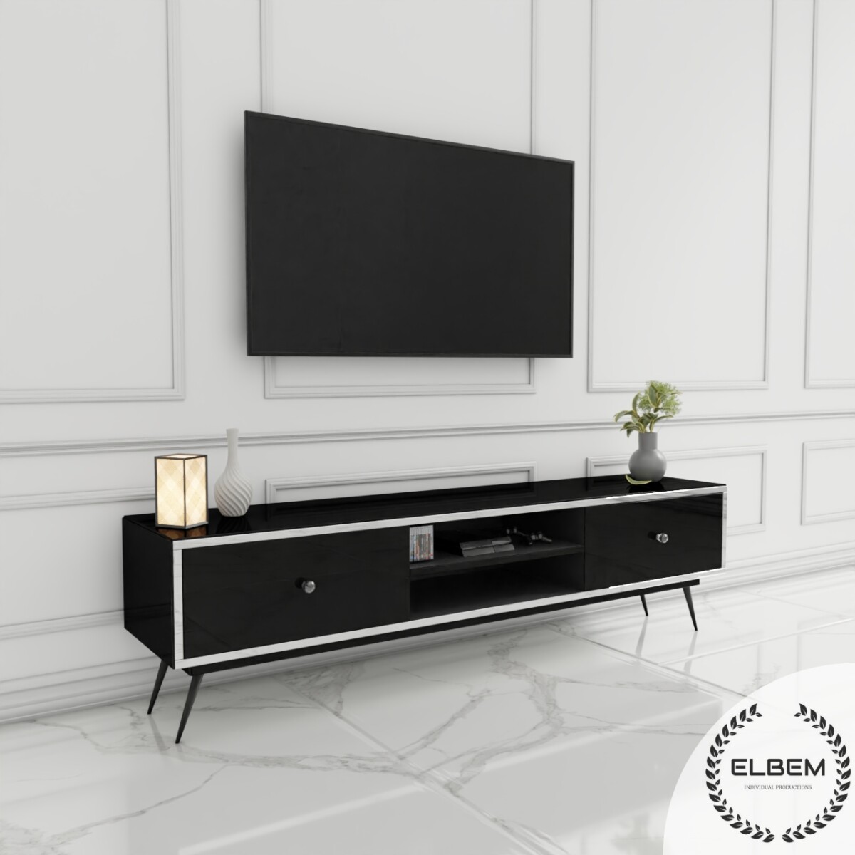 Szafka RTV GLAMOUR - NOBLE LUXE II - Czarne szkło - obrazek 3