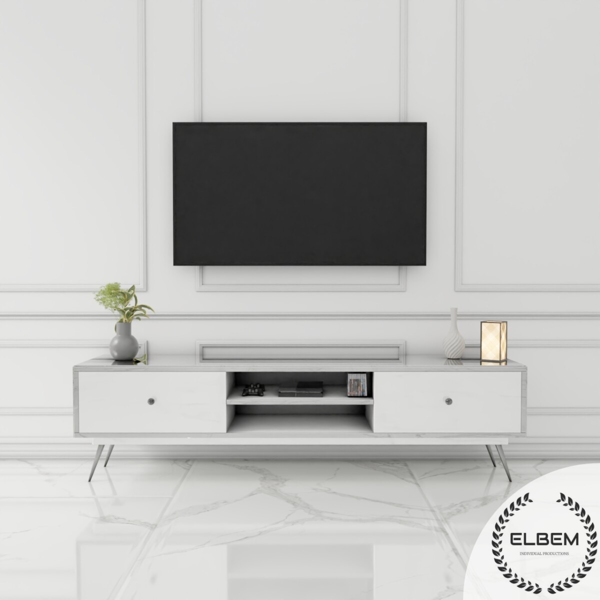 Lustrzana szafka RTV GLAMOUR - NOBLE LUXE III - Białe fronty - obrazek 5