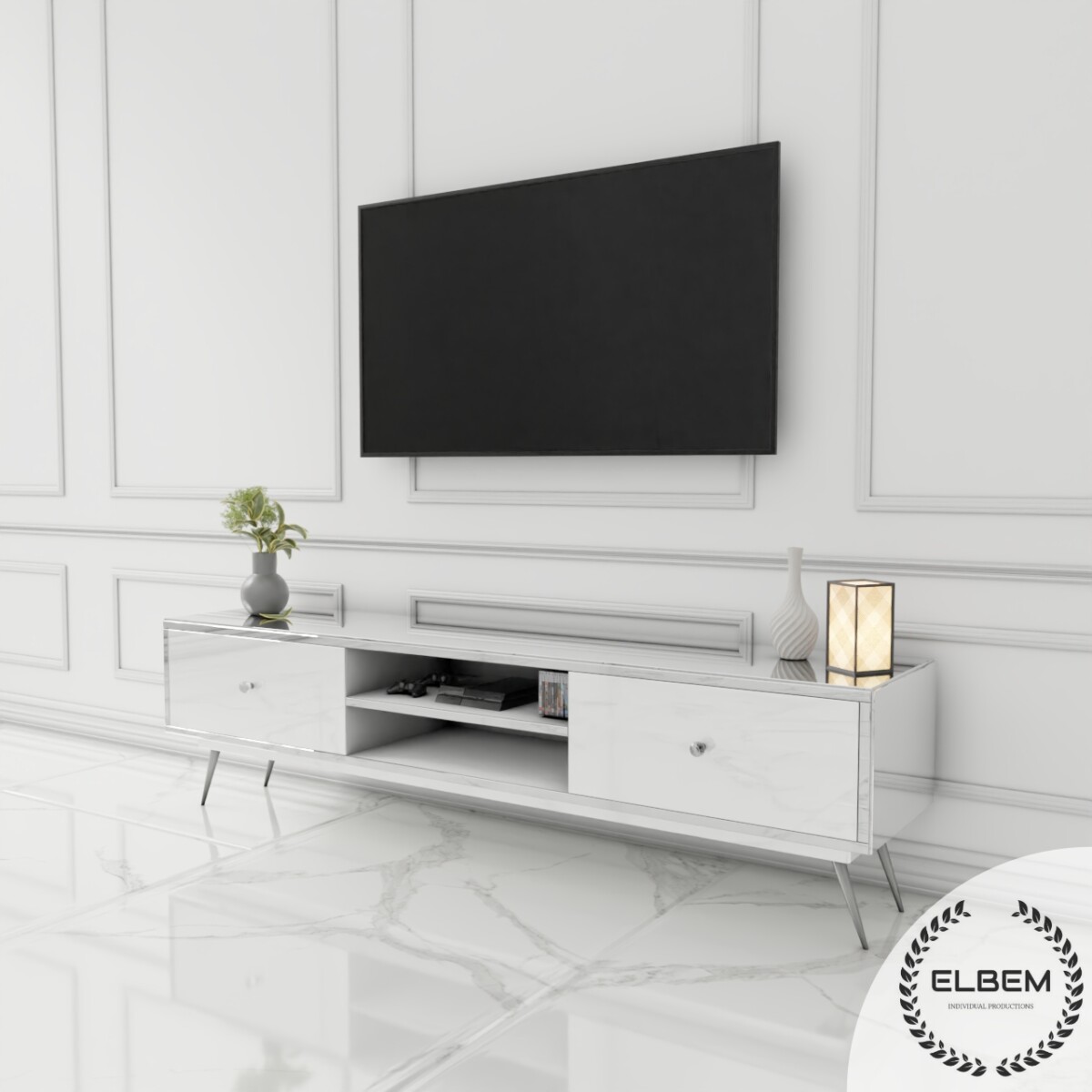 Lustrzana szafka RTV GLAMOUR - NOBLE LUXE III - Białe fronty - obrazek 4