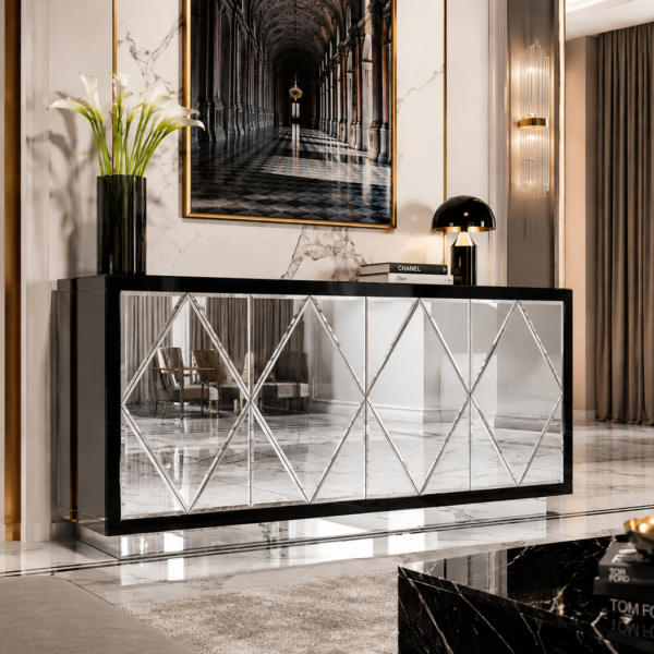 Szklana czarna komoda Glamour – Lustrzane ROMBY BELLA BLACK