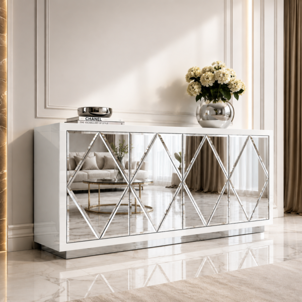 Szklana biała komoda Glamour – Lustrzane ROMBY BELLA WHITE