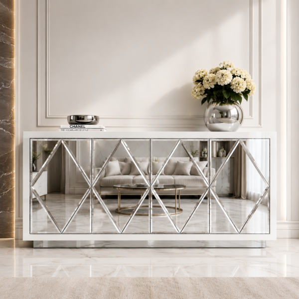Szklana biała komoda Glamour – Lustrzane ROMBY BELLA WHITE