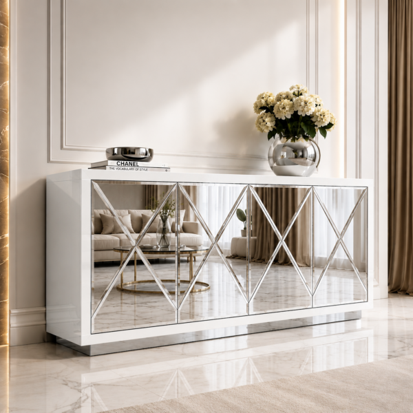 Szklana biała komoda Glamour – Lustrzane IKSY BELLA WHITE
