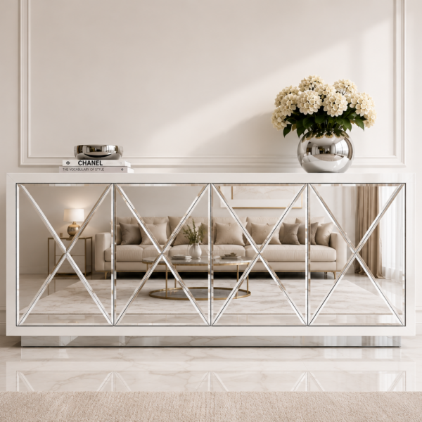 Szklana biała komoda Glamour – Lustrzane IKSY BELLA WHITE