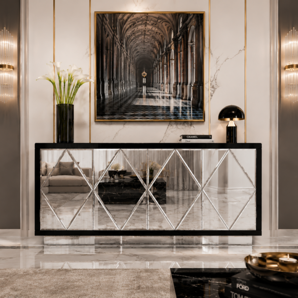 Szklana czarna komoda Glamour – Lustrzane ROMBY BELLA BLACK