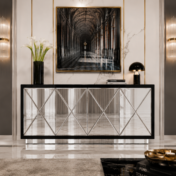 Szklana czarna komoda Glamour – Lustrzane IKSY BELLA BLACK