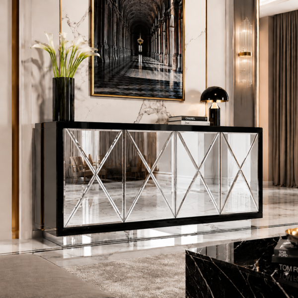 Szklana czarna komoda Glamour – Lustrzane IKSY BELLA BLACK