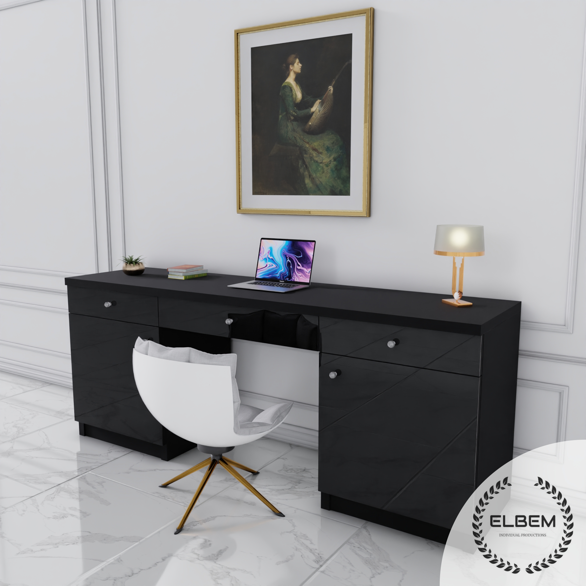 Czarne biurko Glamour - szklane czarne fronty ELEGANTE - obrazek 3