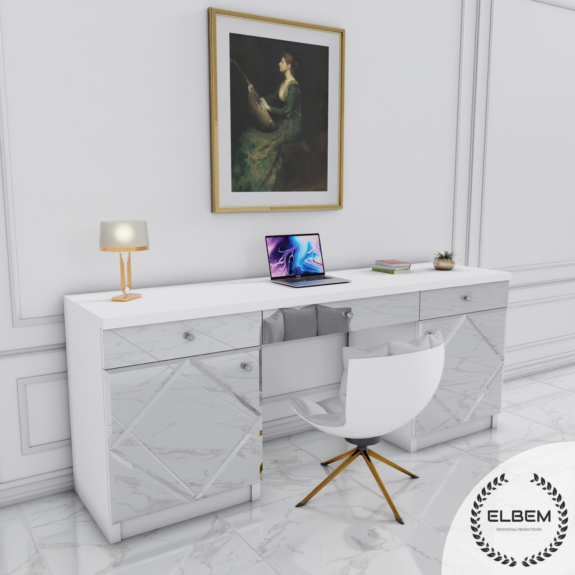 Białe biurko Glamour - szklane lustrzane Romby ELEGANTE - obrazek 5