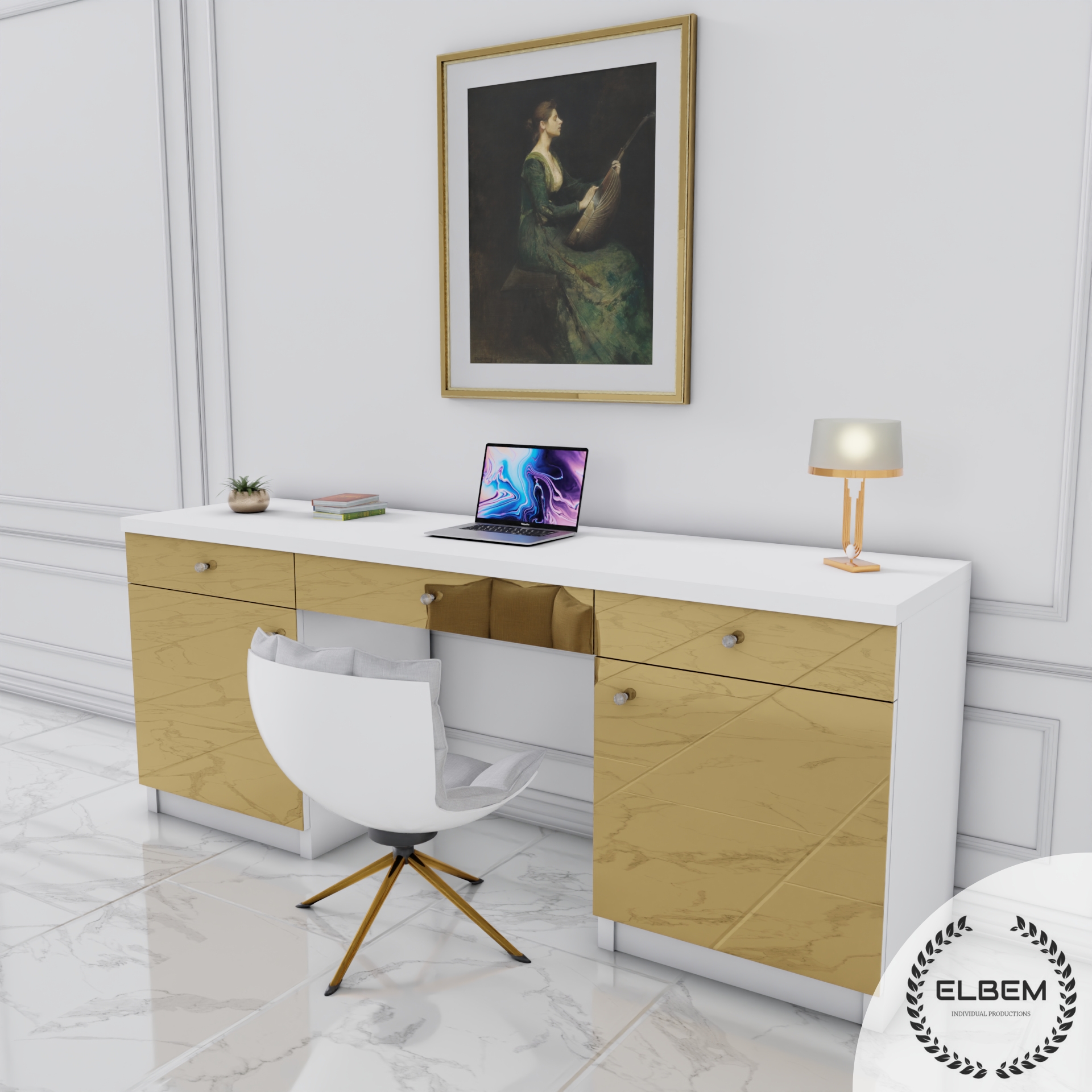 Białe biurko Glamour - szklane złote lustrzane fronty ELEGANTE - obrazek 3