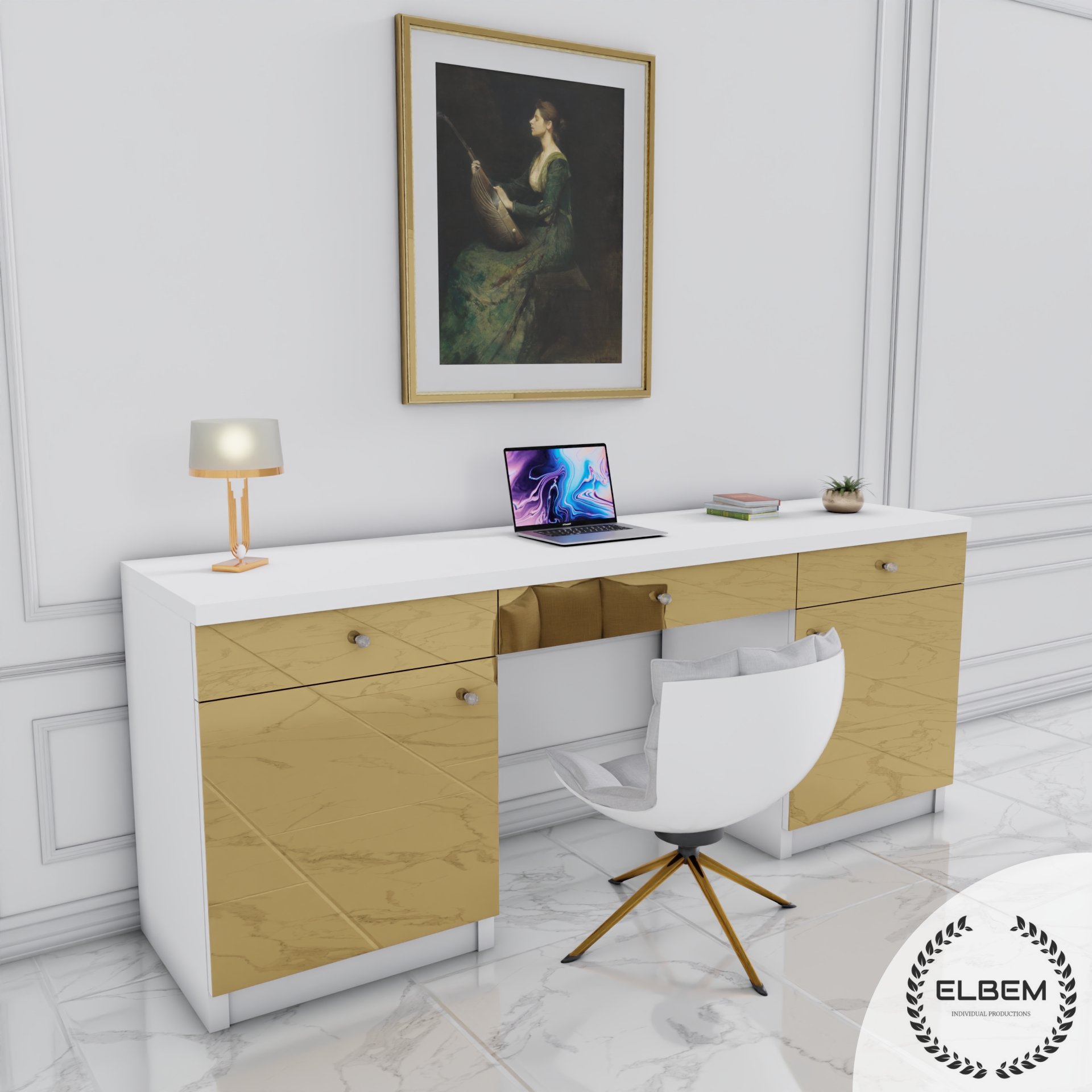 Białe biurko Glamour - szklane złote lustrzane fronty ELEGANTE - obrazek 4