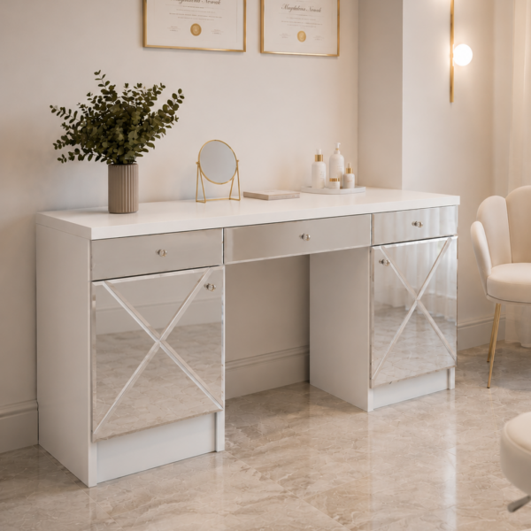 Toaletka Glamour biała – szklane lustrzane Iksy ELEGANTE