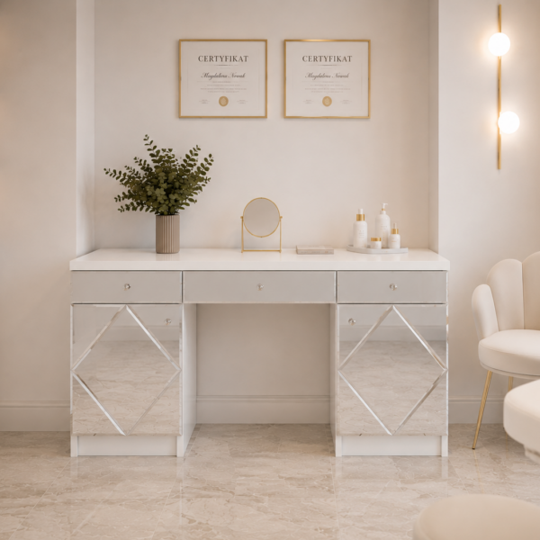 Toaletka Glamour biała – szklane lustrzane Romby ELEGANTE