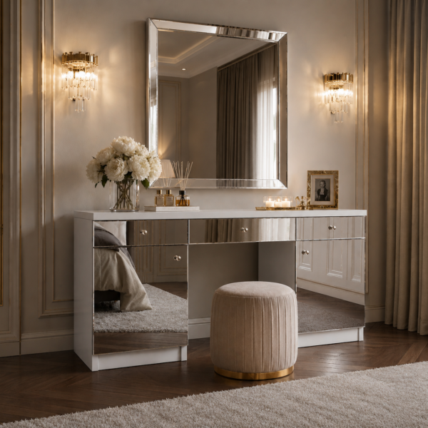 Toaletka Glamour biała – szklane lustrzane fronty ELEGANTE