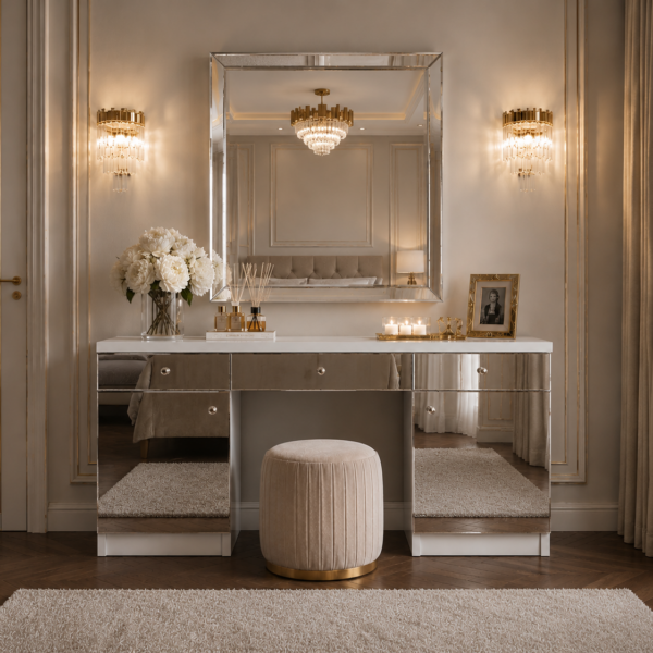 Toaletka Glamour biała – szklane lustrzane fronty ELEGANTE