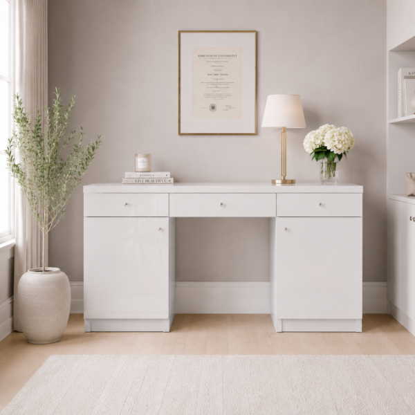 Toaletka Glamour biała – szklane białe fronty ELEGANTE