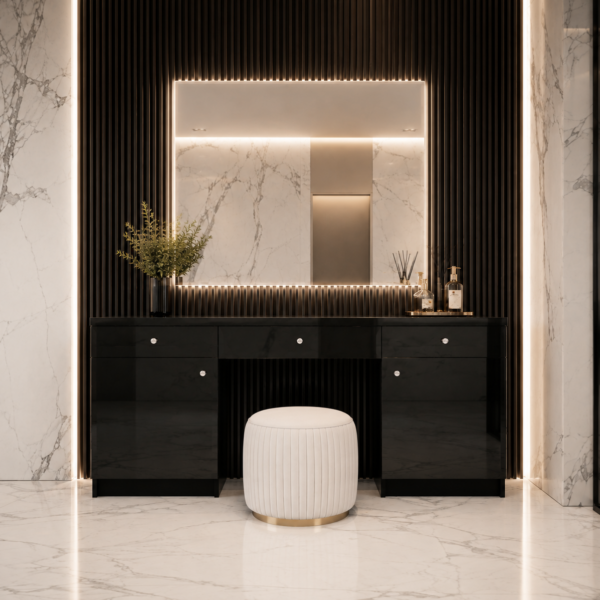 Toaletka Glamour czarna  – szklane czarne fronty ELEGANTE