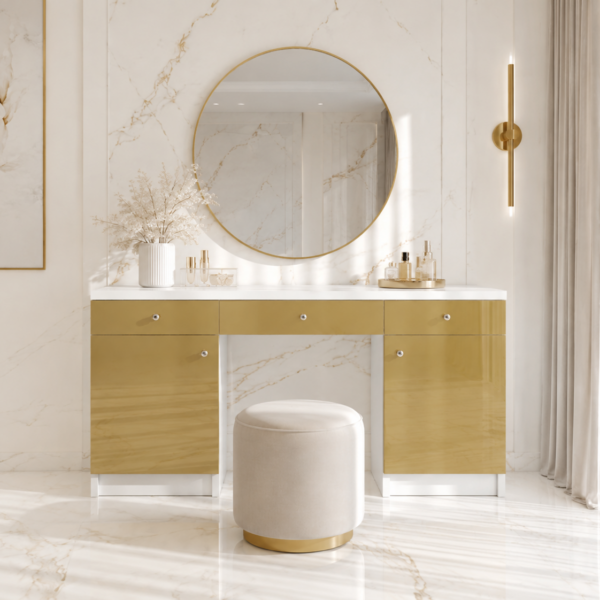 Toaletka Glamour biała – szklane złote lustrzane fronty ELEGANTE