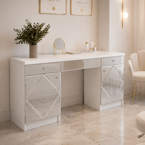 Toaletka Glamour biała – szklane lustrzane Romby ELEGANTE