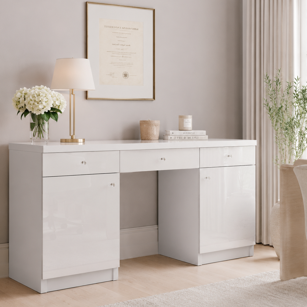 Toaletka Glamour biała - szklane białe fronty ELEGANTE