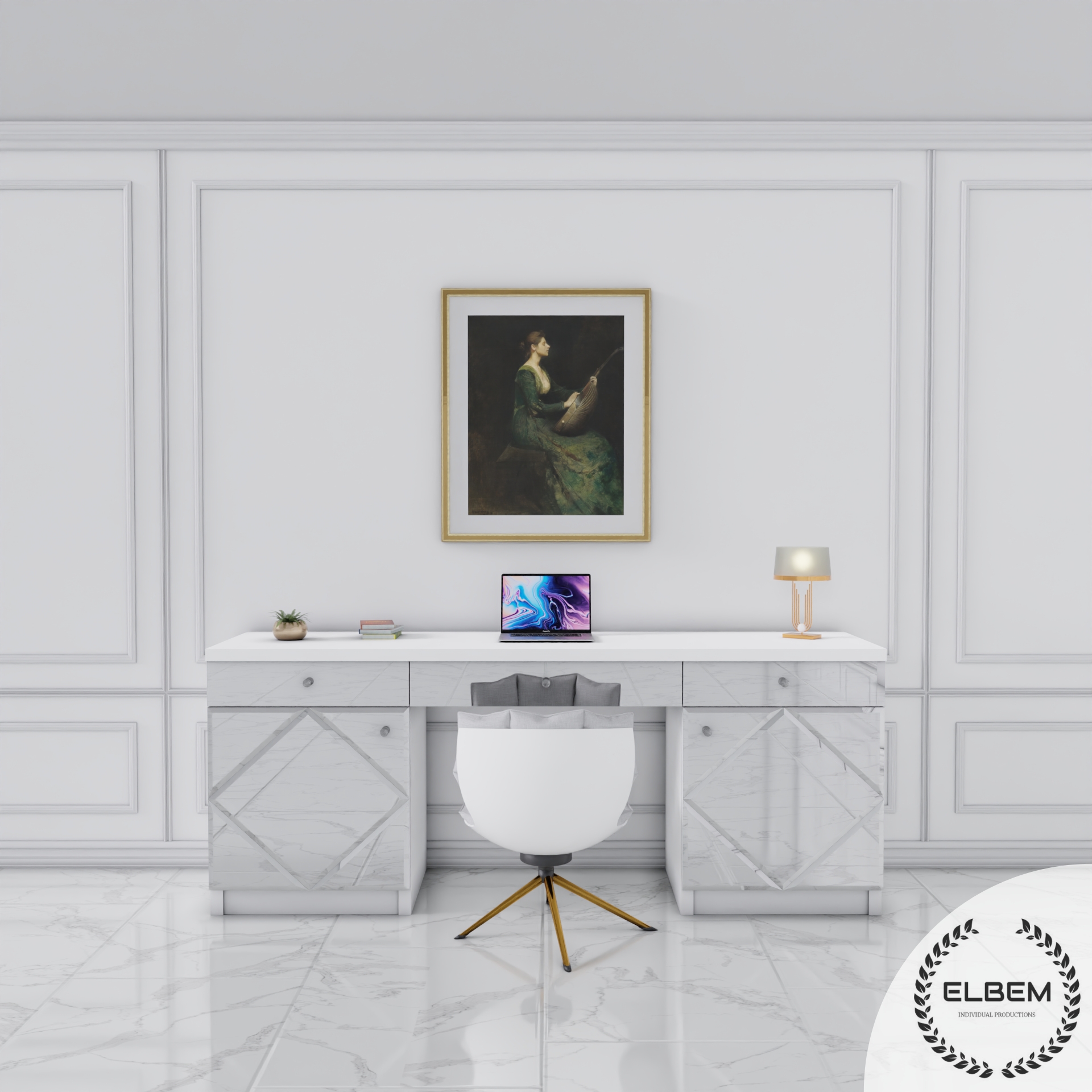 Białe biurko Glamour - szklane lustrzane Romby ELEGANTE - obrazek 4