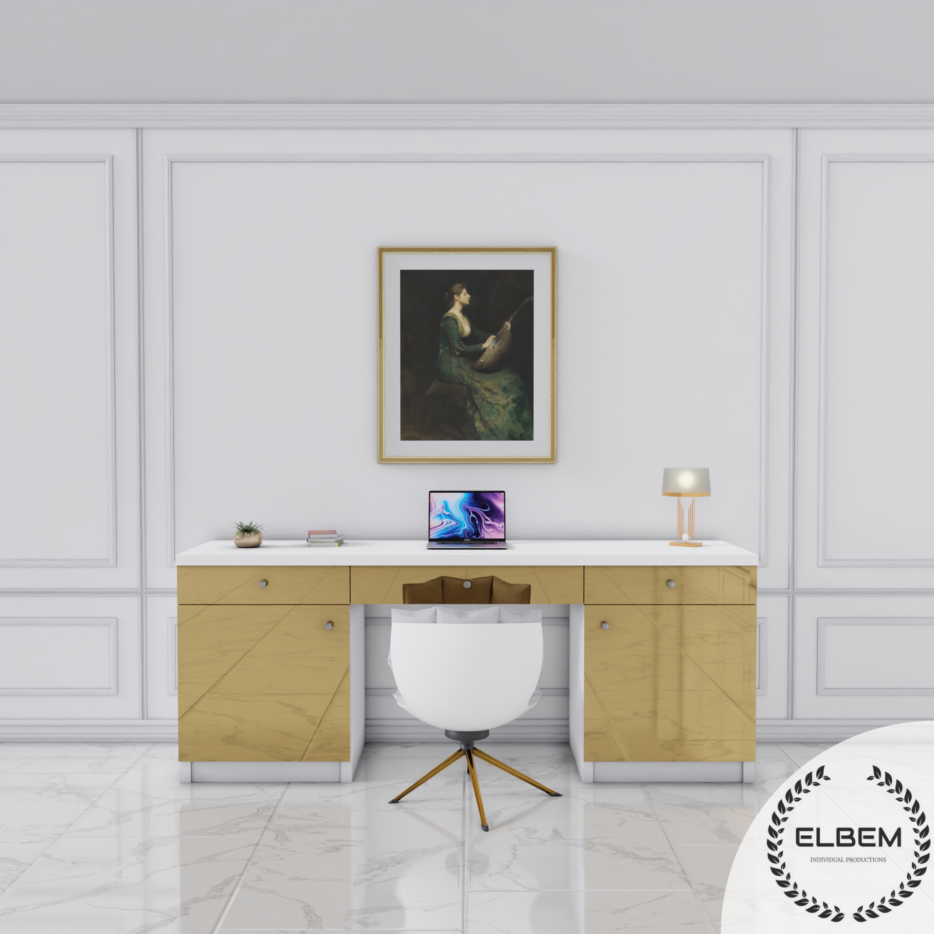 Białe biurko Glamour - szklane złote lustrzane fronty ELEGANTE - obrazek 5