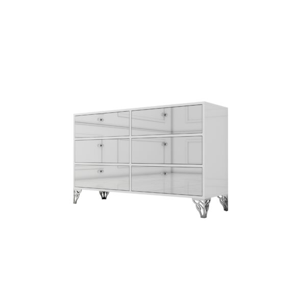 Komoda biały połysk – szklany srebrny front Glamour VENEZIA SILVER