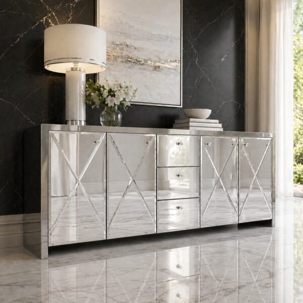Szklana lustrzana komoda Glamour – MONARCH CRYSTAL SILVER II