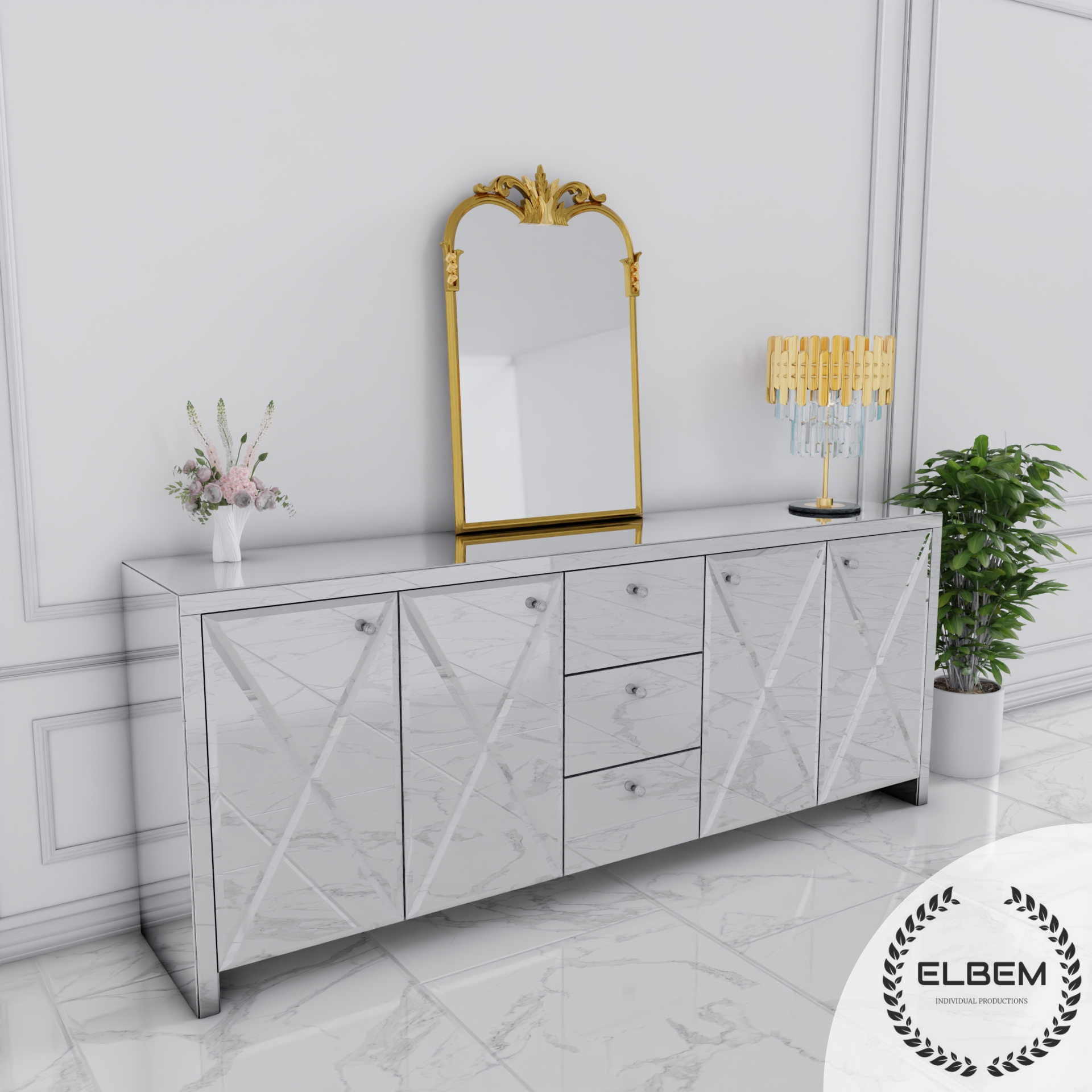 Szklana lustrzana komoda Glamour - MONARCH CRYSTAL SILVER II - obrazek 3