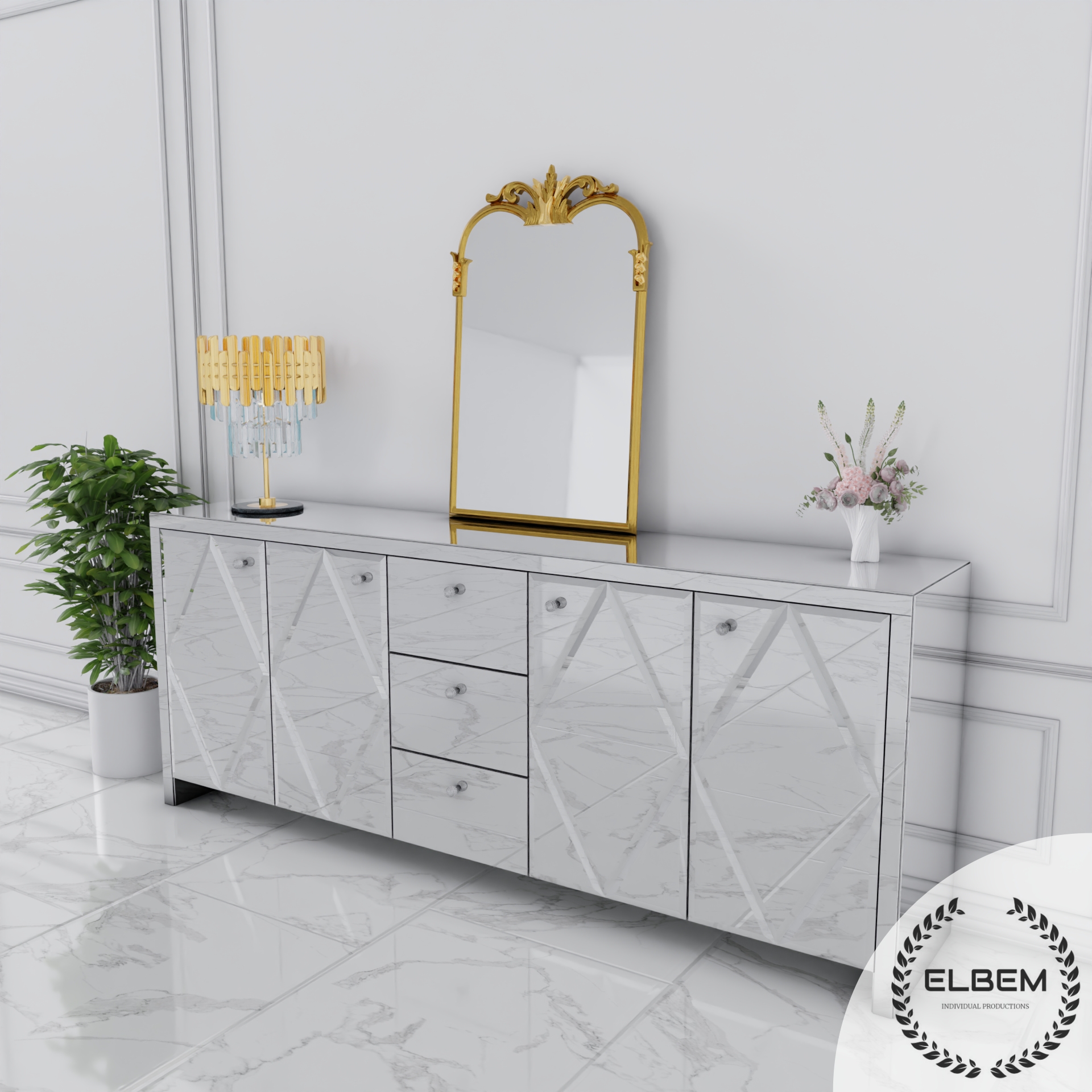 Szklana lustrzana komoda Glamour - MONARCH CRYSTAL SILVER - obrazek 3