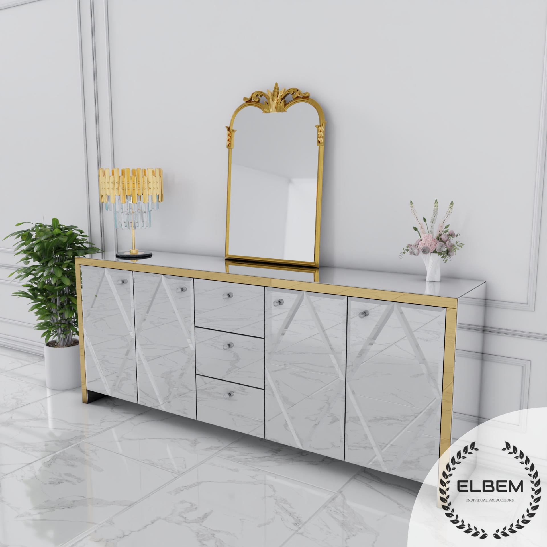 Szklana lustrzana komoda Glamour - MONARCH CRYSTAL GOLD - obrazek 5