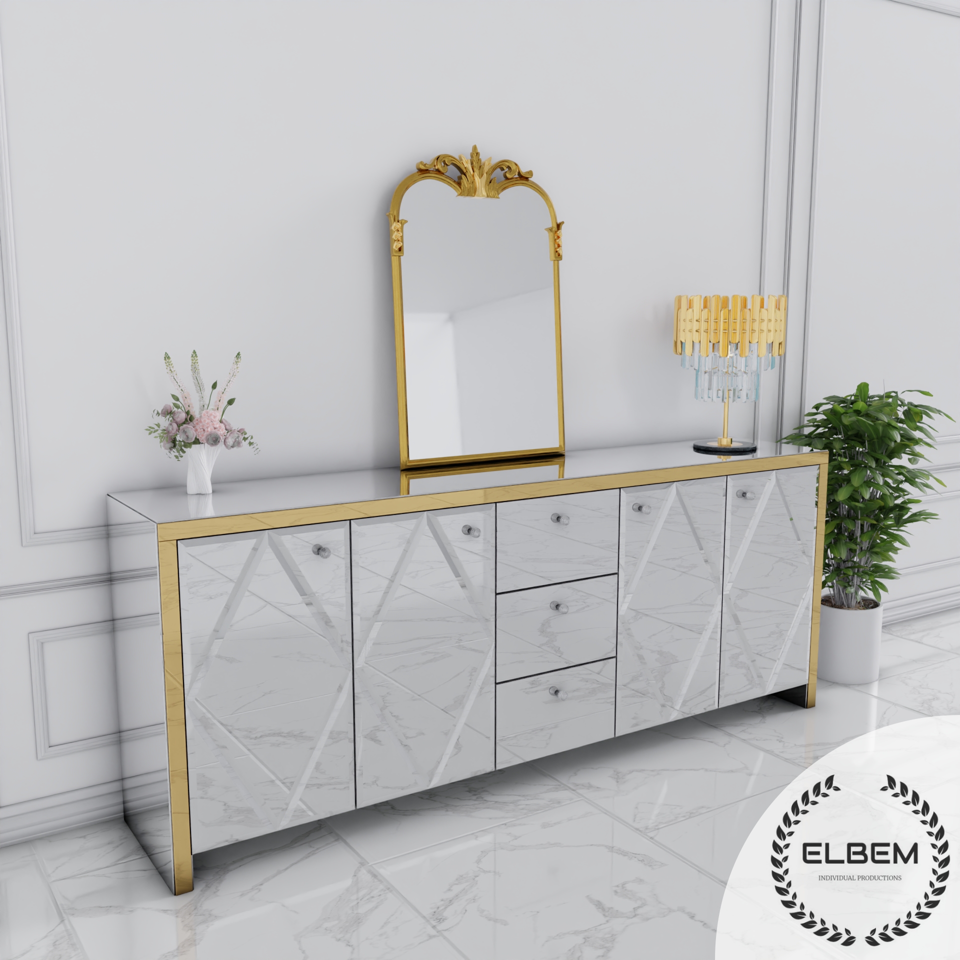 Szklana lustrzana komoda Glamour - MONARCH CRYSTAL GOLD - obrazek 3