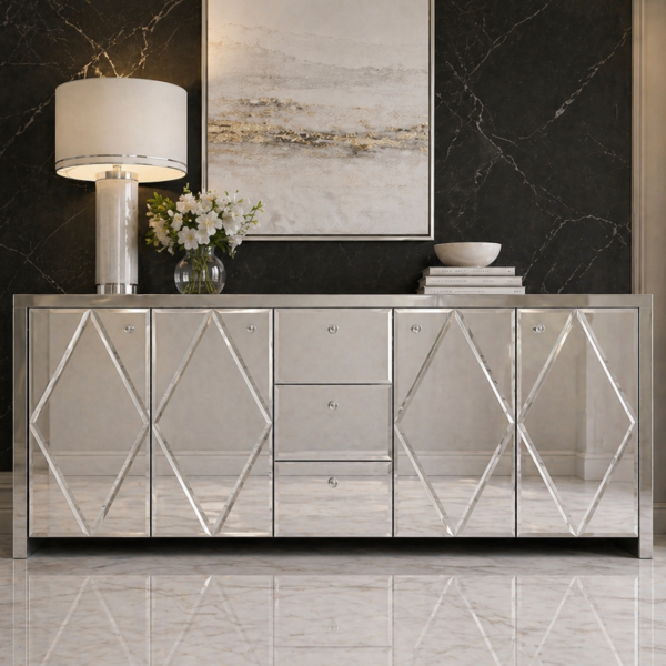 Szklana lustrzana komoda Glamour – MONARCH CRYSTAL SILVER