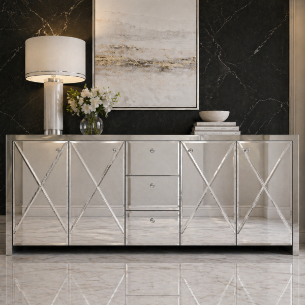 Szklana lustrzana komoda Glamour – MONARCH CRYSTAL SILVER II