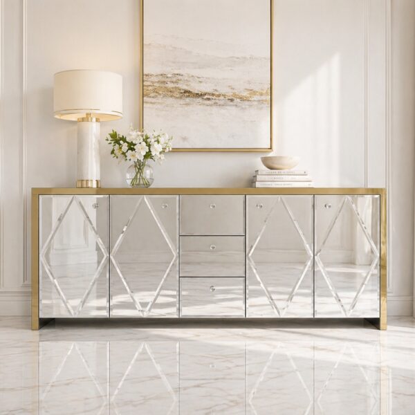 Szklana lustrzana komoda Glamour – MONARCH CRYSTAL GOLD