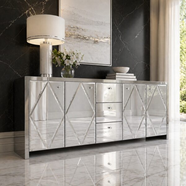 Szklana lustrzana komoda Glamour – MONARCH CRYSTAL SILVER
