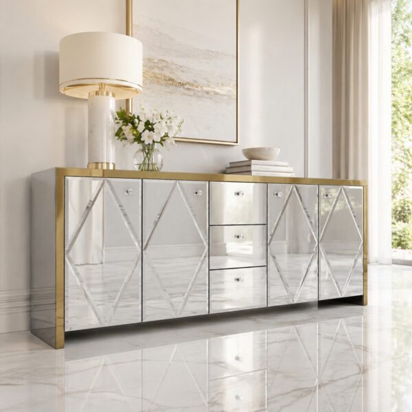 Szklana lustrzana komoda Glamour – MONARCH CRYSTAL GOLD