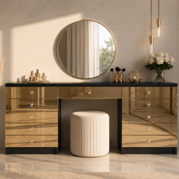 Toaletka Glamour czarna – szklane złote lustrzane fronty BELLAMIRA GOLD II