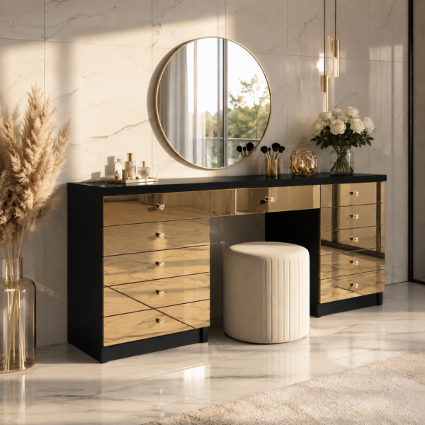 Toaletka Glamour czarna – szklane złote lustrzane fronty BELLAMIRA GOLD II